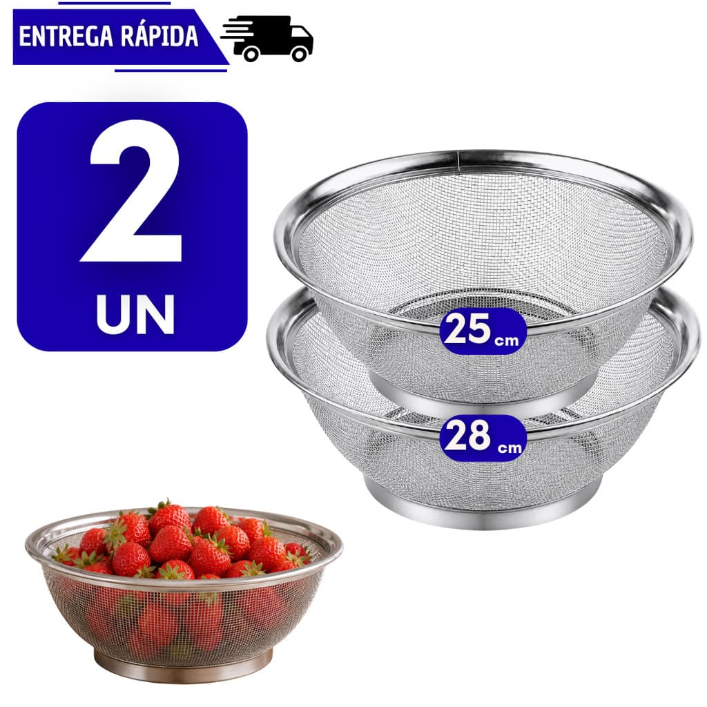 Kit 2 Cesto Peneira Escorredor em Aço Inox Cozinha Massa Fritura Legumes Frutas Fruteira Escorrer Arroz Resistente