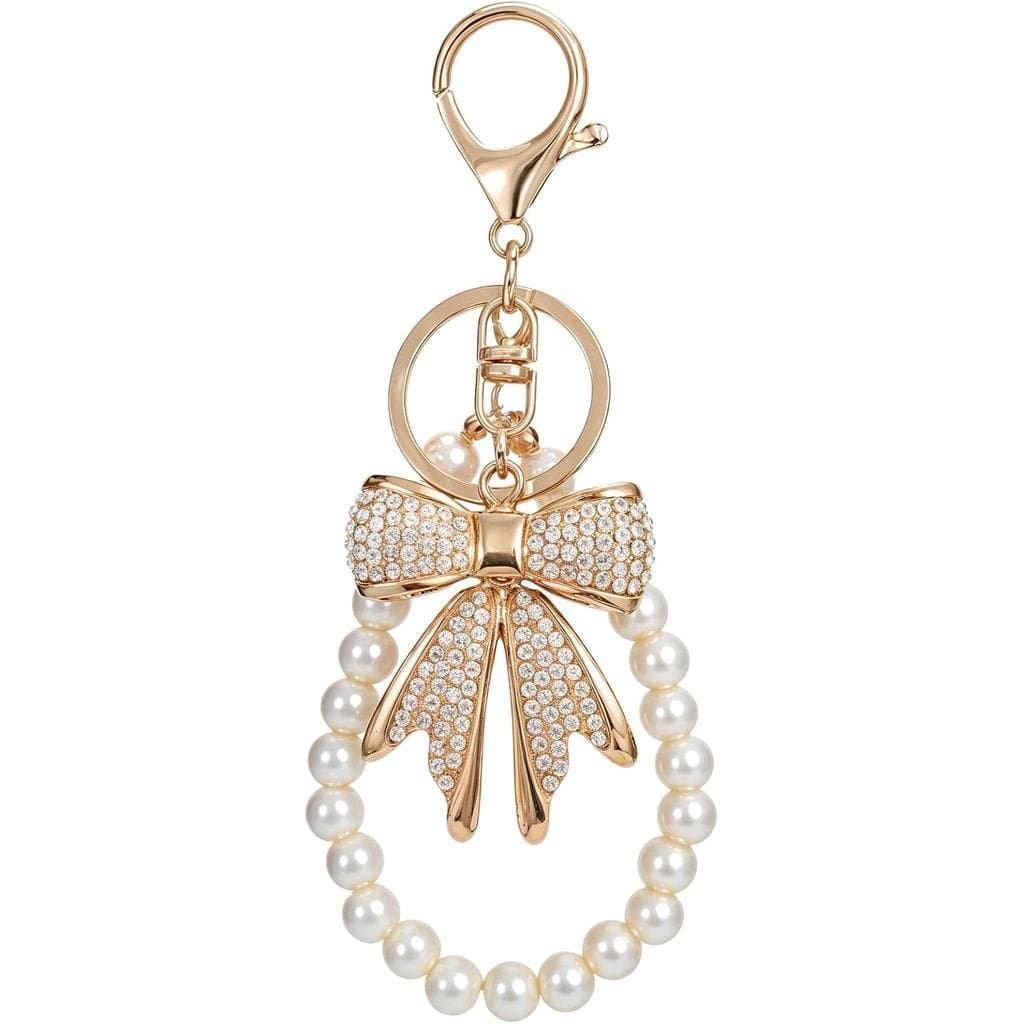 2 Peças de Chaveiro com Laço de Strass Branco, Correntes de Pérolas de Imitação, Laço Brilhante para Bolsas, Acessórios