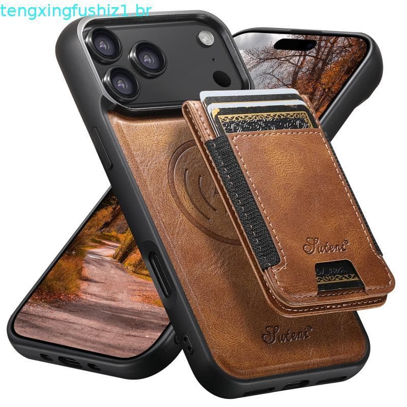 Capa De Couro De Grão Encerado Removível 2 Em 1 Para iPhone 17 Pro Max 16 15 14 13 12 11 Slot Cartão À Prova De Choque M