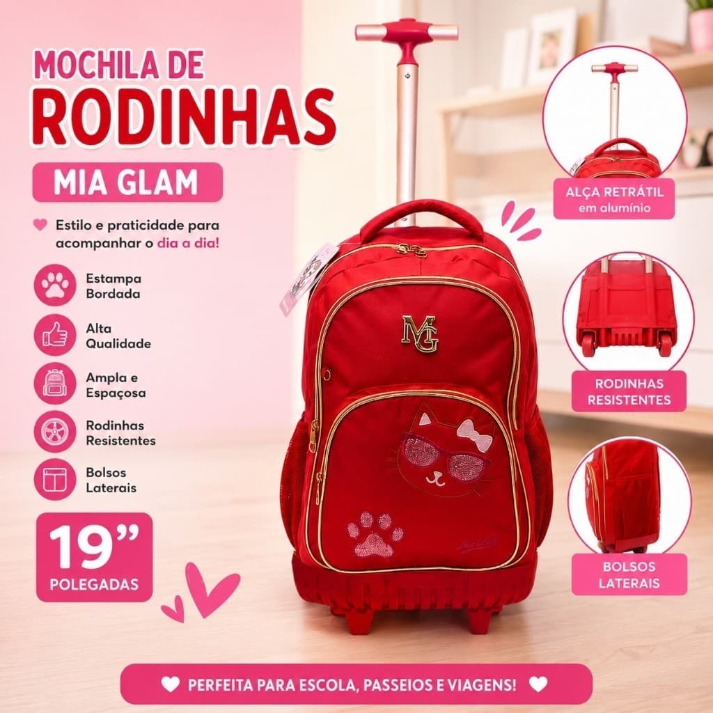 Mochila de Rodinhas Infantil Mia Glam Vermelha 19" – Estilo, Conforto e Praticidade