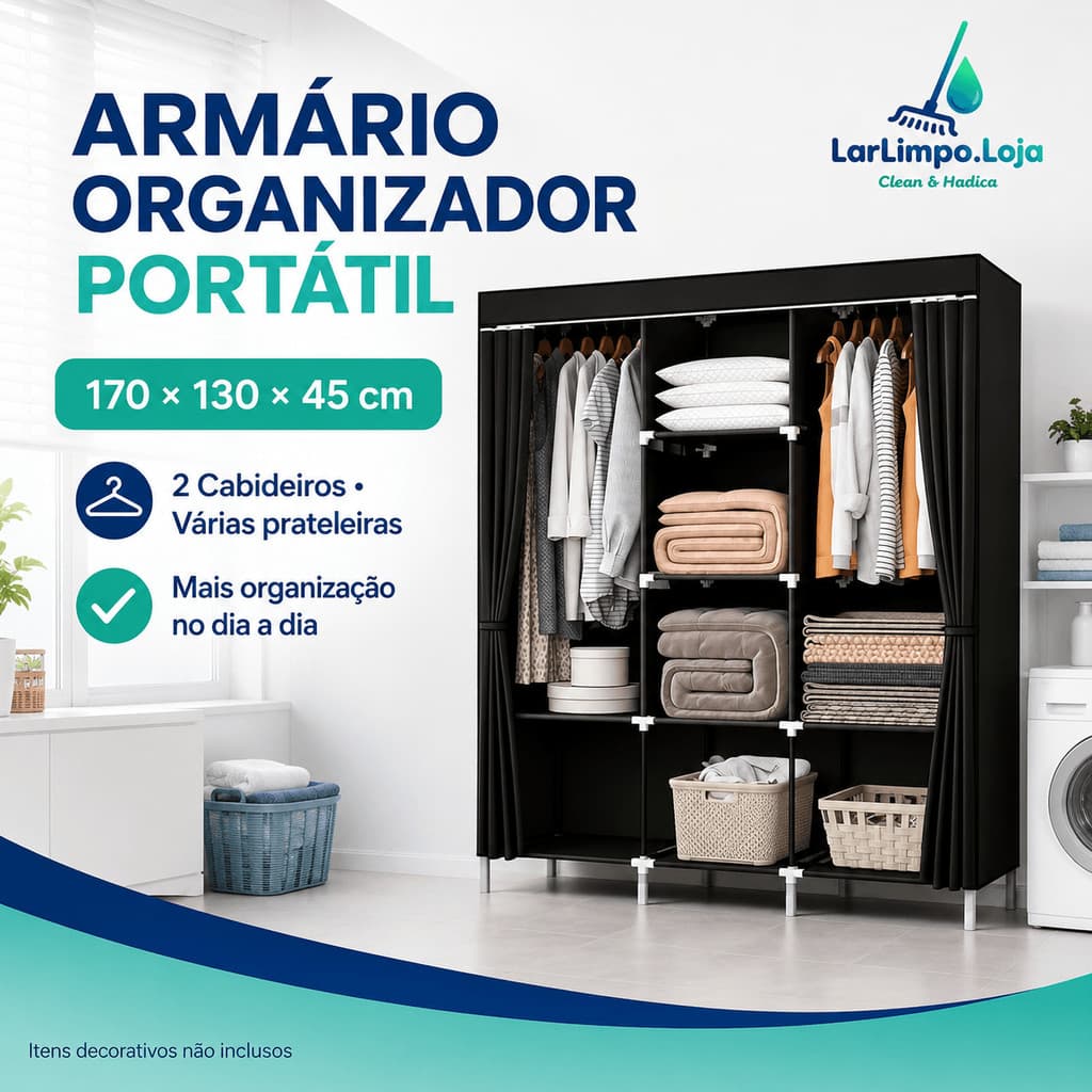 Guarda-Roupa Portátil de Tecido Preto 170x130x45cm com Cabideiros, Prateleiras e Cortina
