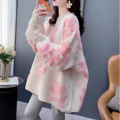 Camisola de comprimento médio feminina outono inverno malhas urso solto estilo coreano estilo preguiçoso em torno do pes