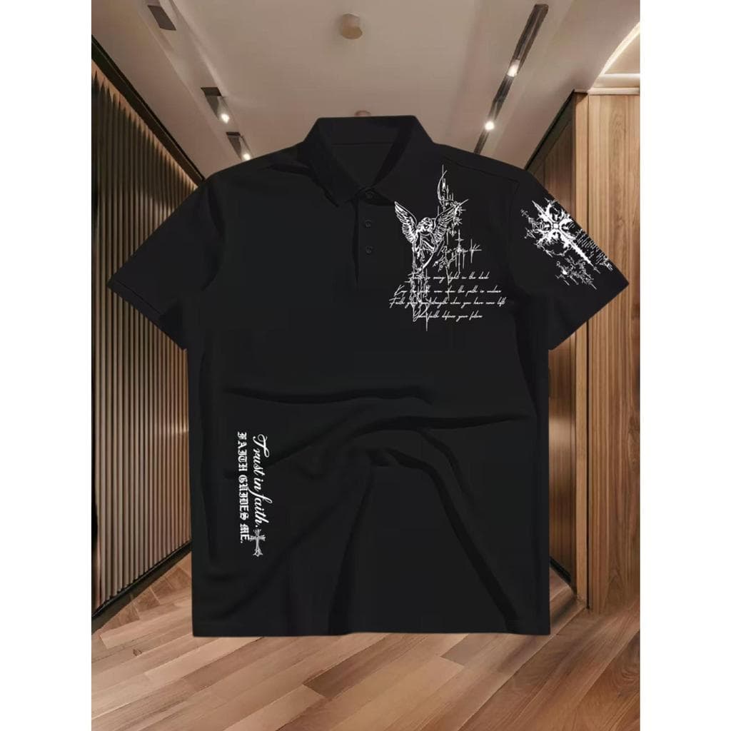 GOLA POLO de Manga Curta para Homem, Estilo Casual com Imagem de Anjo e Estampa de Fonte Escura, Camisola Polo Casual, M