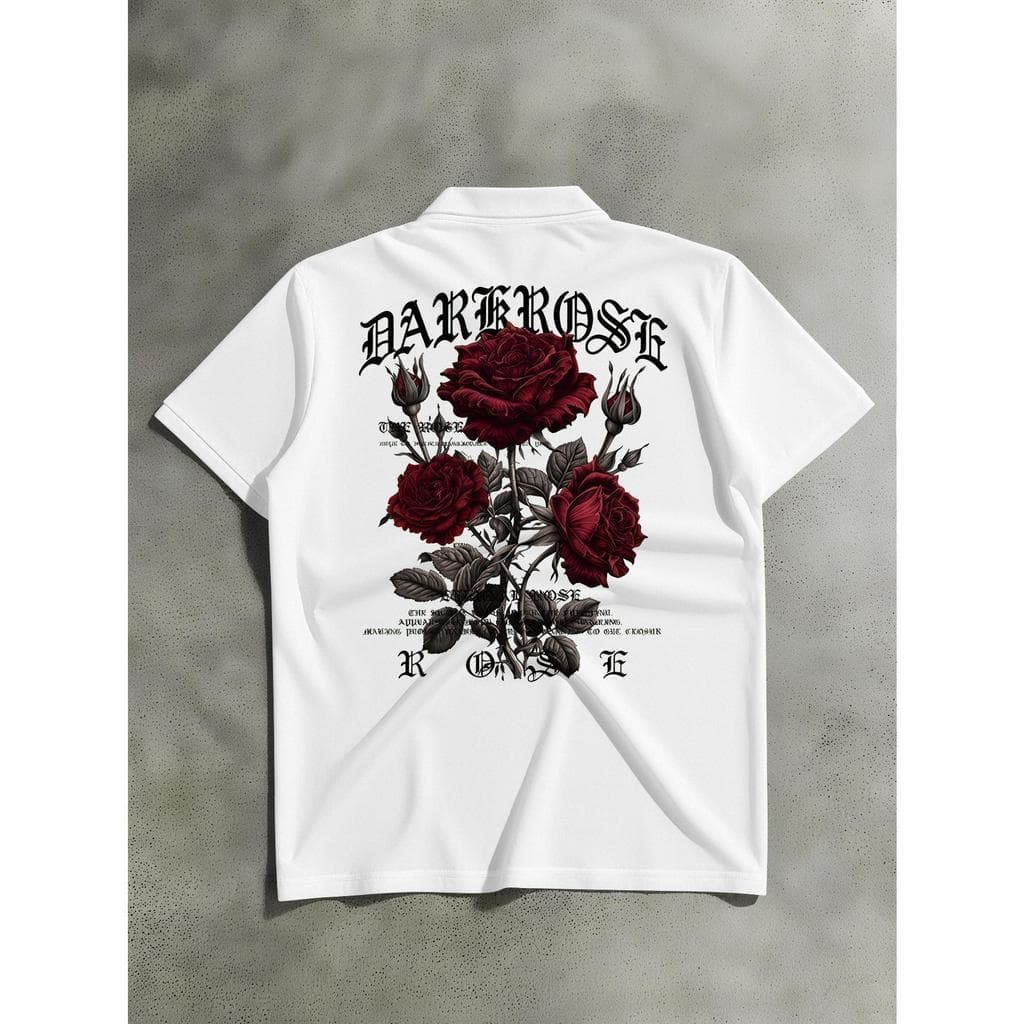 Camisa Polo Masculina Leve Casual de Manga Curta com Estampa de Rosa Vermelha e Frase Curta em Inglês