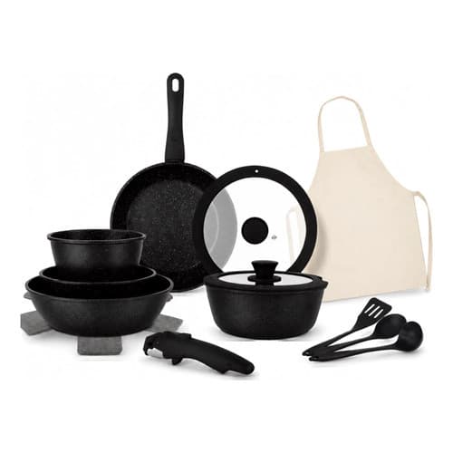 Kit Panelas Antiaderente Inducao Cabo Removivel Tampa Vidro Premium 15 peças - Cozinha Completa Profissional Preto