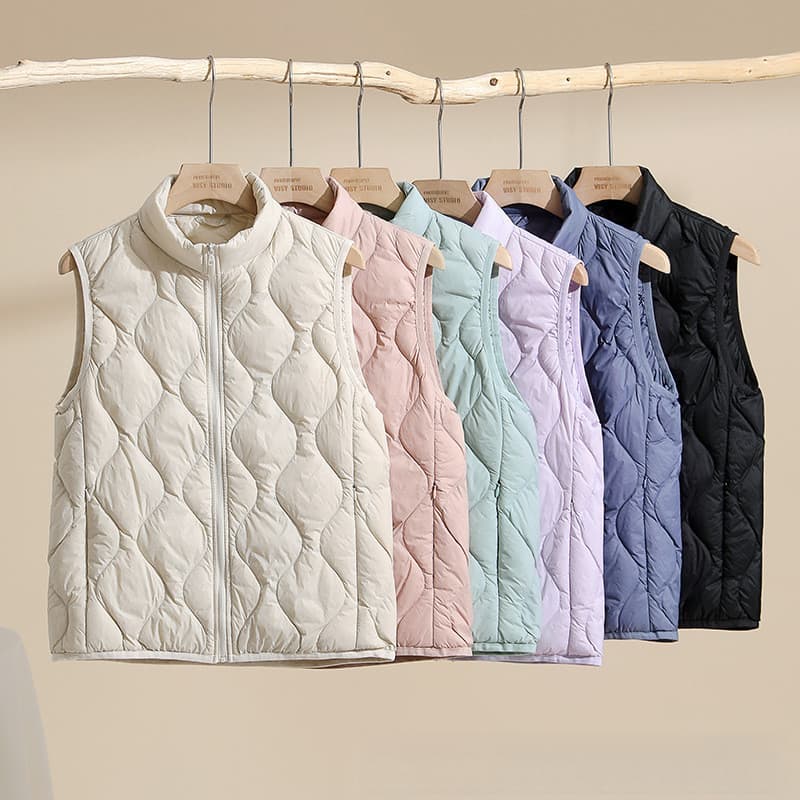 Colete curto de plumas leve para mulheres, adequado para outono e inverno, design de gola alta, jaqueta sem mangas multi