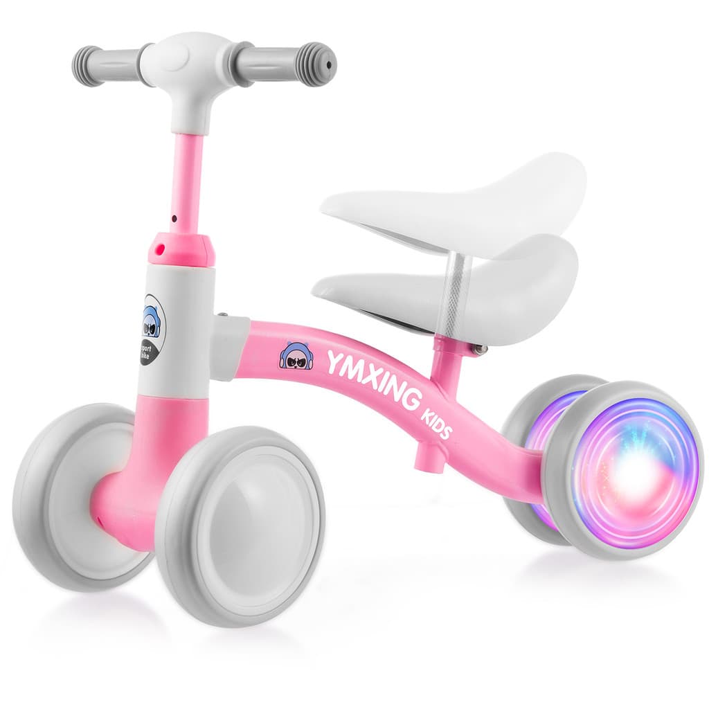 JogoJunto Bicicleta de Equilíbrio Infantil Sem Pedal Rodas LED 4 Rodas Assento Ajustável Rosa