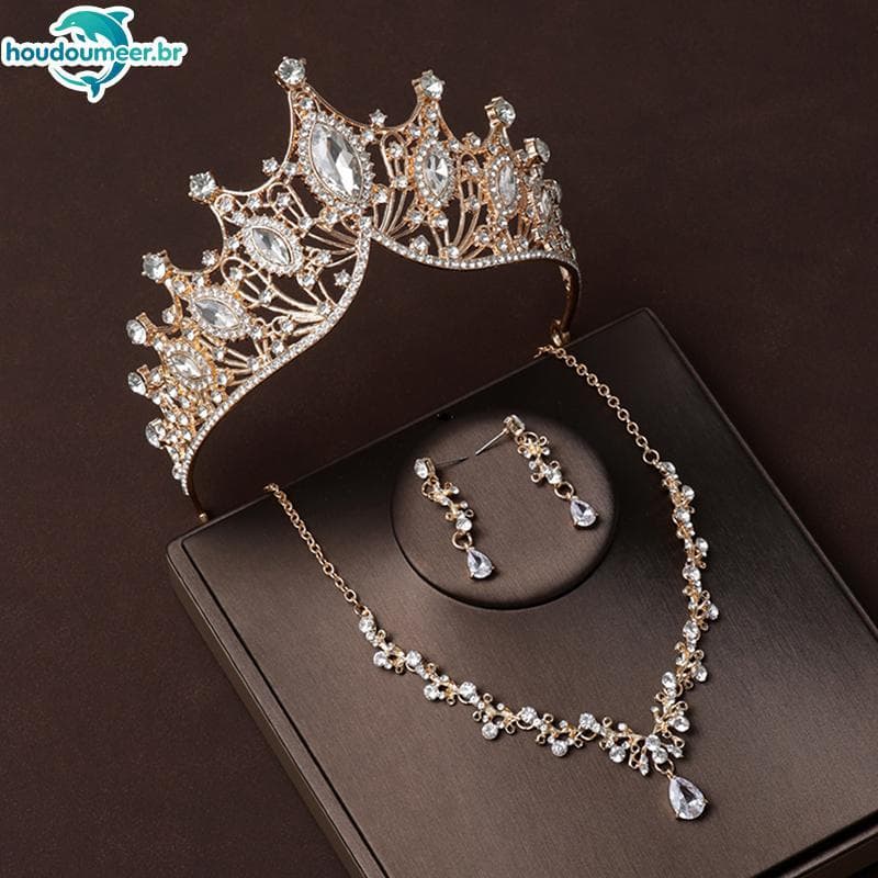 Conjunto De Joias De Tiara Nelace Com Coroa De Cristal De Ouro Barroco HOUDO Para Festa De Casamento