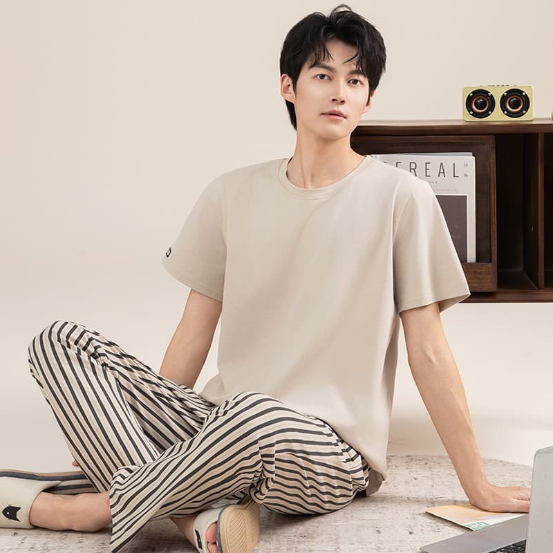 Pijamas masculinos verão calças de manga curta puro algodão verão ternos masculinos High-End Homewear primavera outono e
