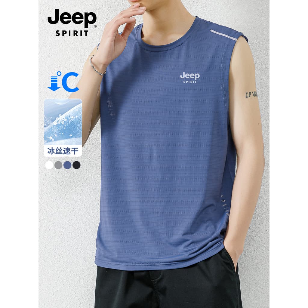 Jeep verão colete de seda gelo colete masculino 2026 novo estilo sem mangas de manga curta camiseta esportes de Fitness