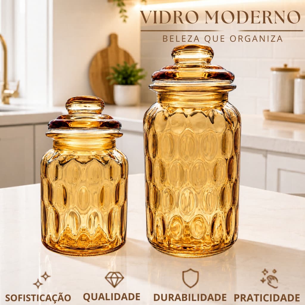 Kit 2 Potes de Vidro 1000ml + 1,300ml Herméticos Âmbar Transparente com Relevo por Dentro