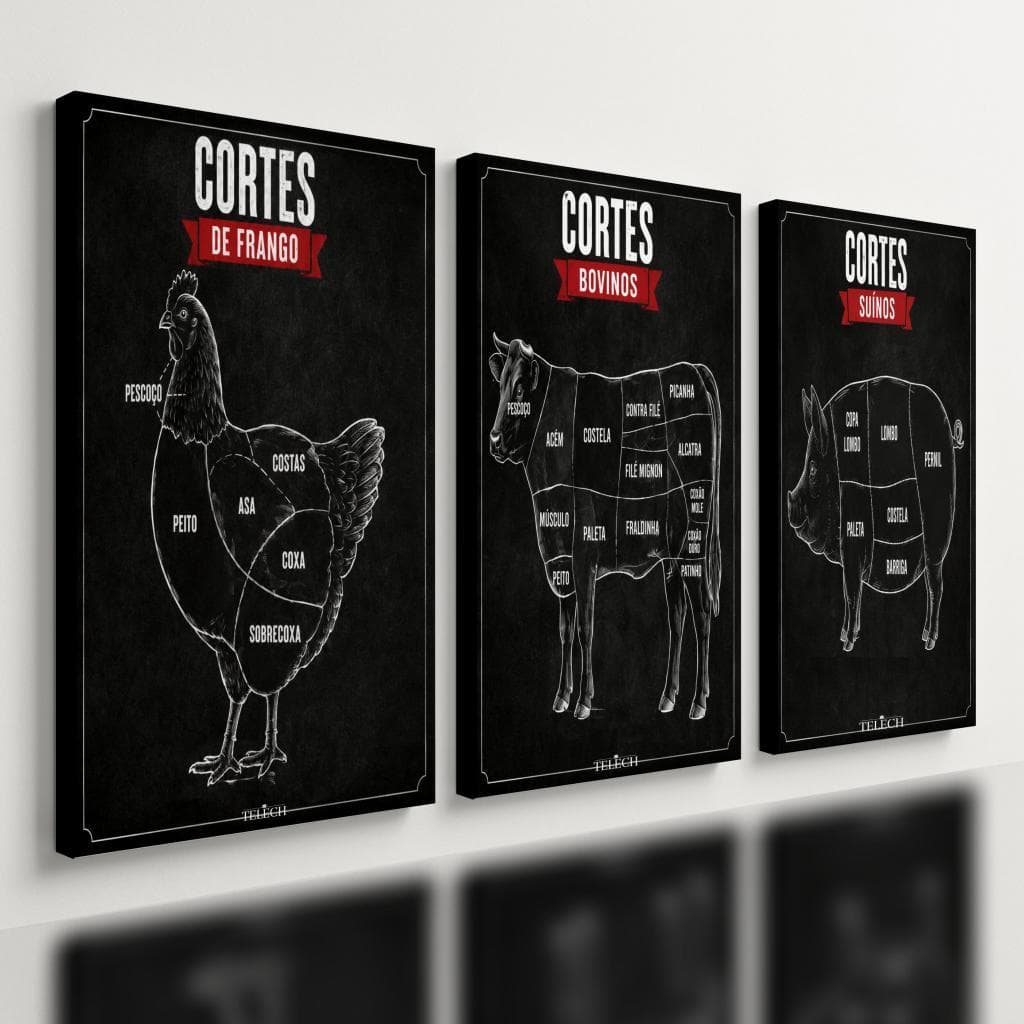 Kit3 Quadro Decorativo Açougue Cortes de Carne Frigorifico E2