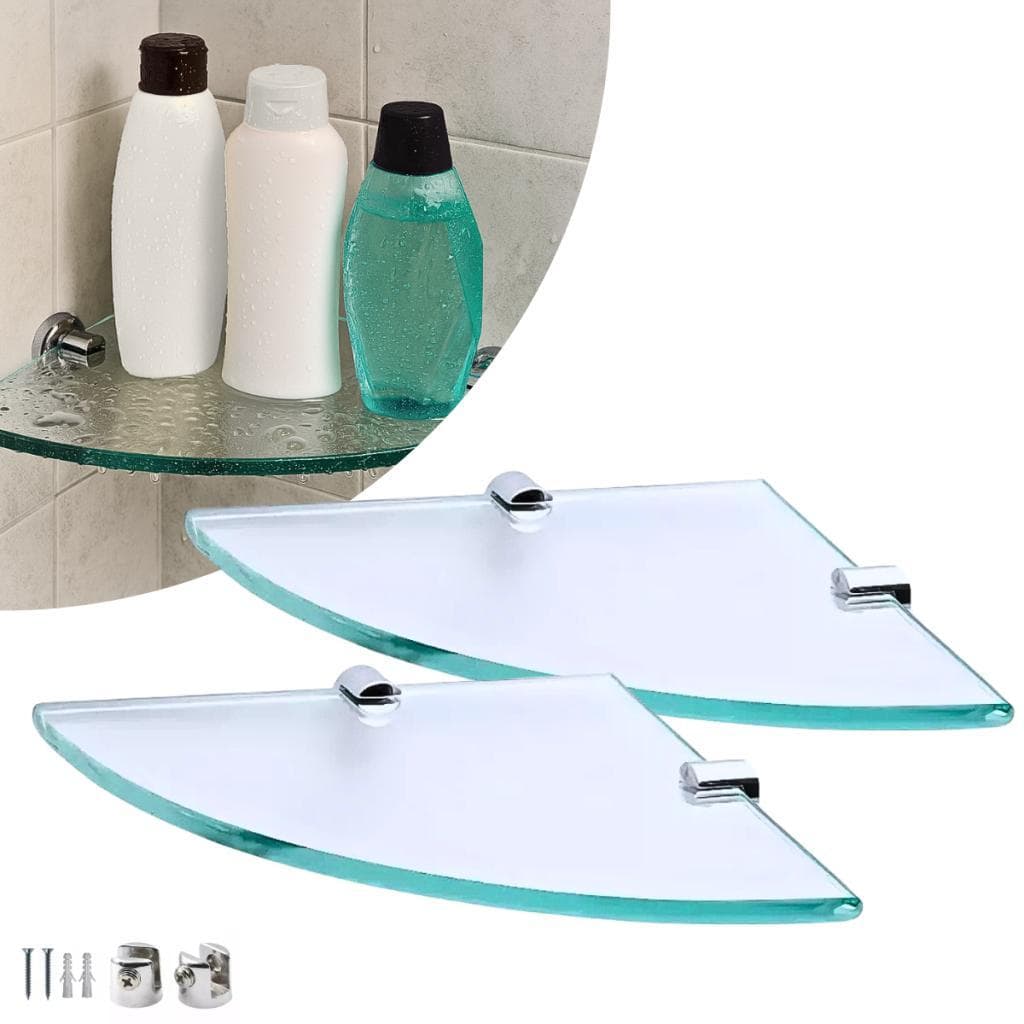 Kit 02 Prateleira De Vidro Canto 25cm x 25cm Suporte Inox Fixação Dupla para Banheiro e Organização