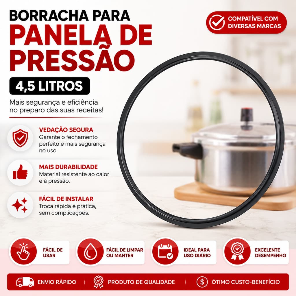 Borracha de Vedação para Panela de Pressão 4,5 Litros Preta – Modelo Compatível com Diversas Marcas