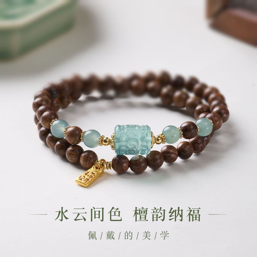 Natural seda dourada sândalo empilhamento duplo círculo pulseira novo chinês azul água calcedônia Zhaomi Passepartout pu