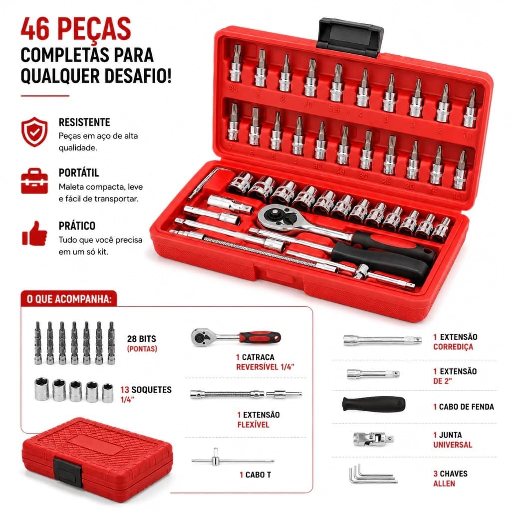 Kit De Ferramentas 46 Peças Jogo De Soquetes Chave Catraca Reversível Com Maleta Jogo De Ferramentas Completo AIRER.BR