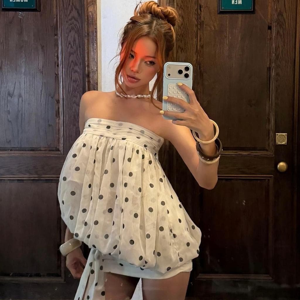 [Novidades] Doce Polka Dot impresso plissado tubo Top vestido solto cintura estreita mais magro olhar saia quadril