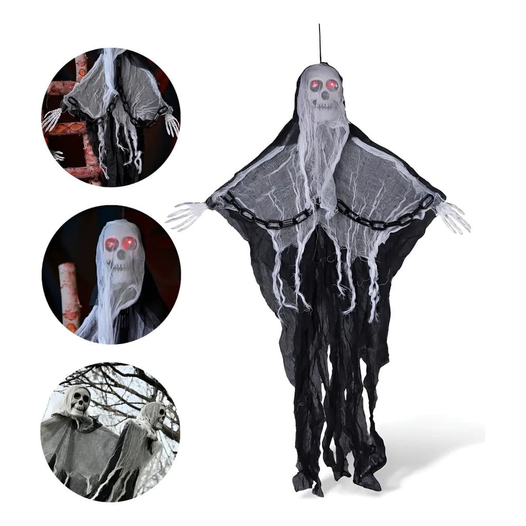 Enfeite Decorativo Assustador de Halloween Fantasma Caveira Com Som/Com Lez de Olhos
