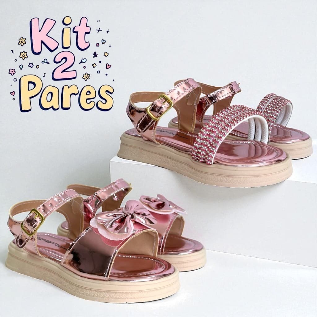 KIT 2 PARES DE SANDALIA RASTEIRINHAS COM BRILHO STRASS CONFORTAVEL
