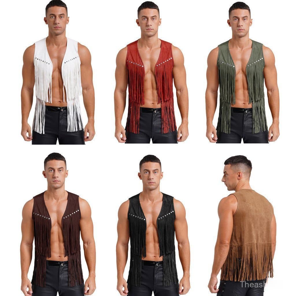 Aislor Masculino Camurça Sintética Borla Colete Moda Rebites Franja Frente Aberta Sem Mangas Jaqueta Ocidental Cowboy