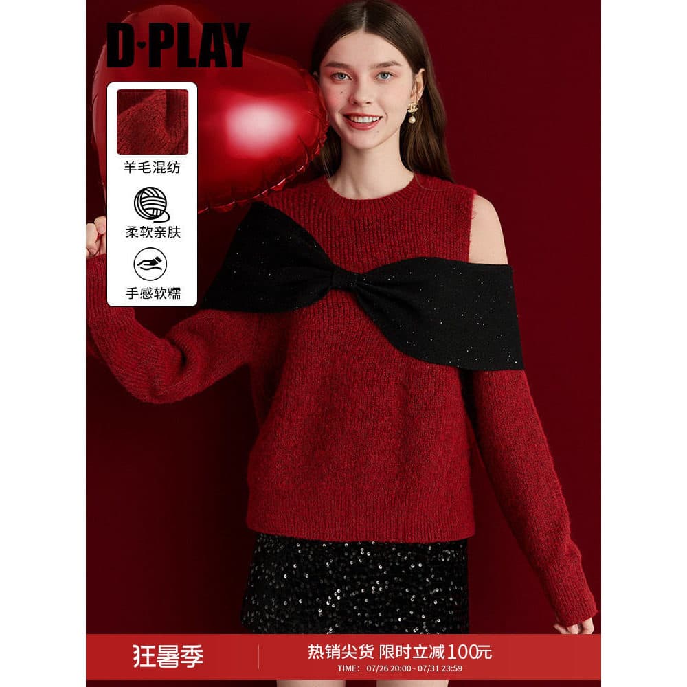 DPLAY2025 Inverno Novo Estilo Suéter Vermelho Bowknot Strapless Doce Suéter Ano Novo Top Feminino