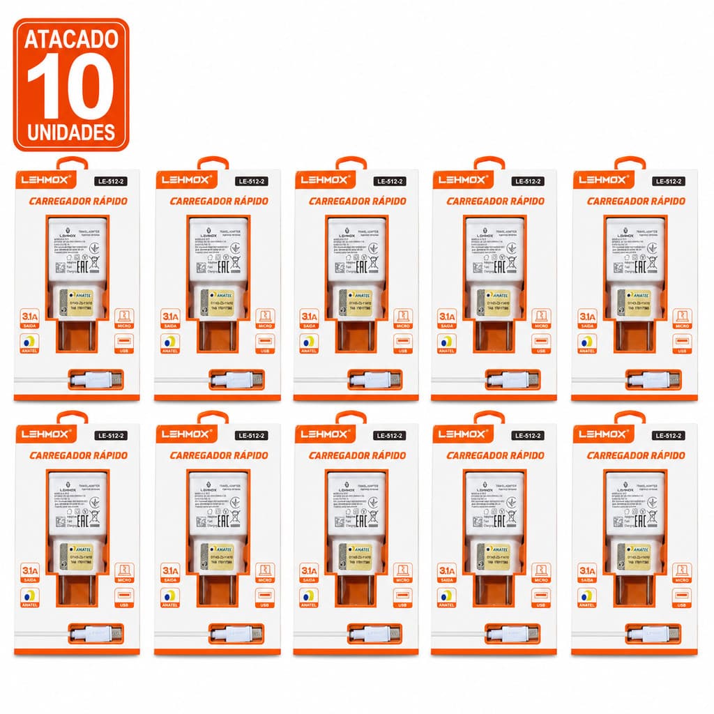 Kit 10 Carregadores Lehmox LE-512-2 3.1A Micro USB Homologado Anatel