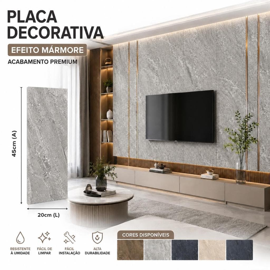 Kit 5 Até 40 Painel Decorativo Mármore MDF 45x20 Placa Revestimento Parede Sala Quarto Premium 5 Cores