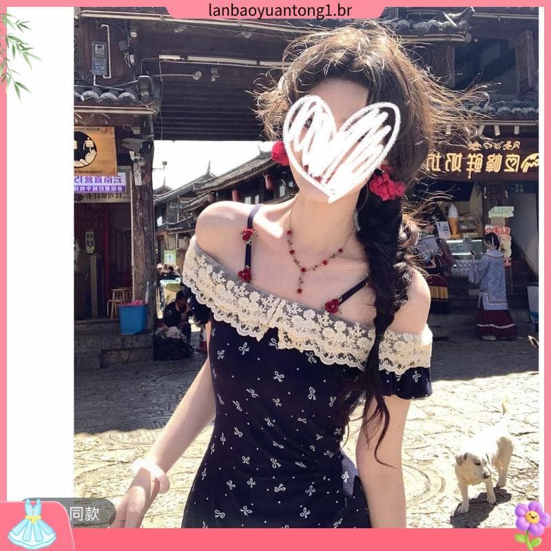 Estilo verão Design francês redução de idade babados pescoço plano vestido floral de malha saia longa floral