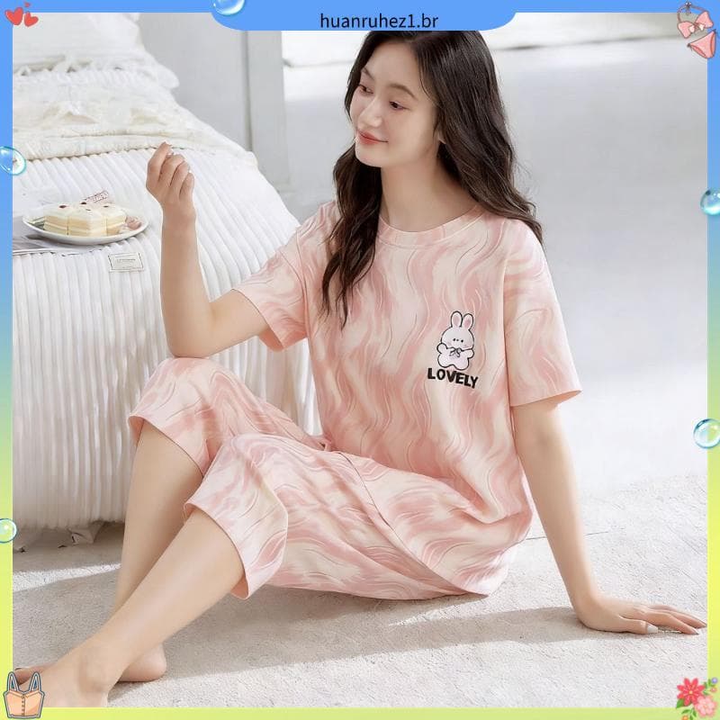 Pijamas femininos 2026 verão novo estilo de manga curta calças cortadas bonito solto Plus Size conjunto de duas peças Ho