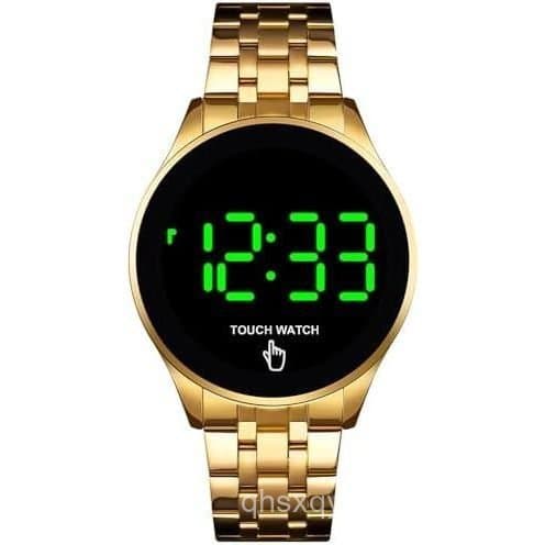 Relógio Digital LED com Tela Sensível ao Toque PASOY, com Luz de Fundo Verde de Alta Luminosidade, Pulseira de Aço Inoxi