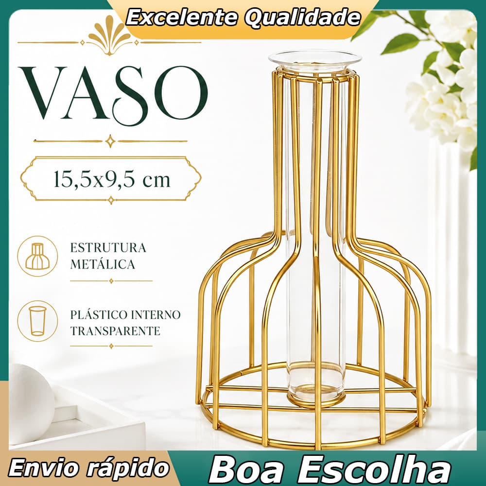 Vaso Ornamental de Ferro Transparente 15,5x9,5cm para Prateleira, Mesa, Quarto, Sala e Arranjos Delicados Finos