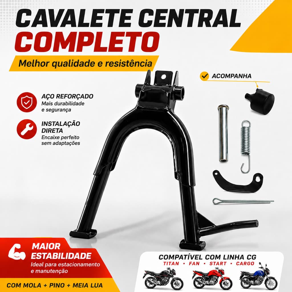 Kit Cavalete Central CG 125 150 160 Titan Fan Start Todos os Anos Com Mola + Pino + Meia Lua