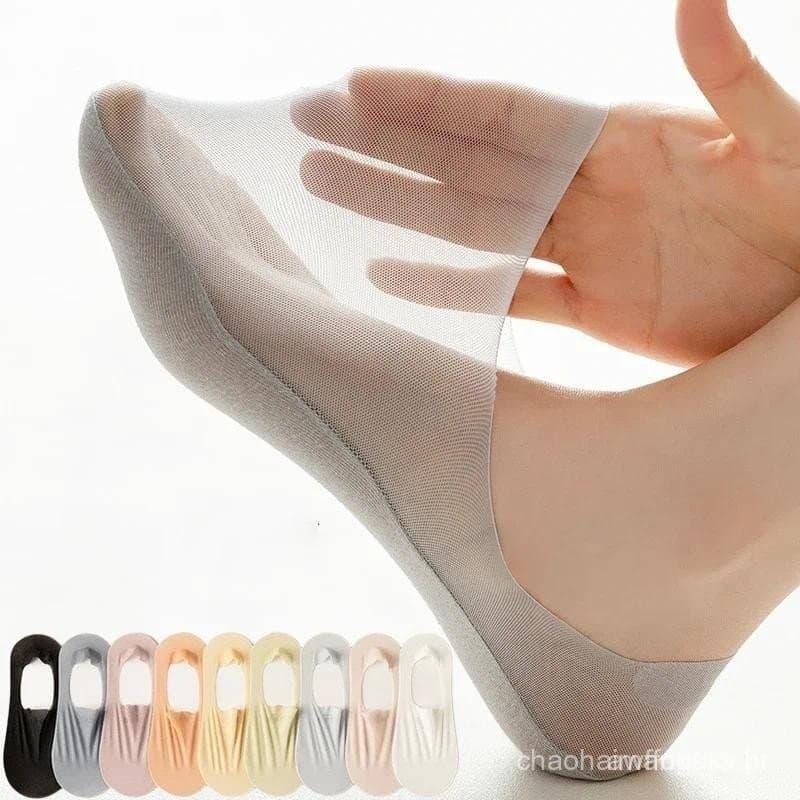 6 Pares de Meias Barco Ultra-Finas e Invisíveis para Mulheres, Meias de Seda de Gelo, Meias Antiderrapantes de Silicone