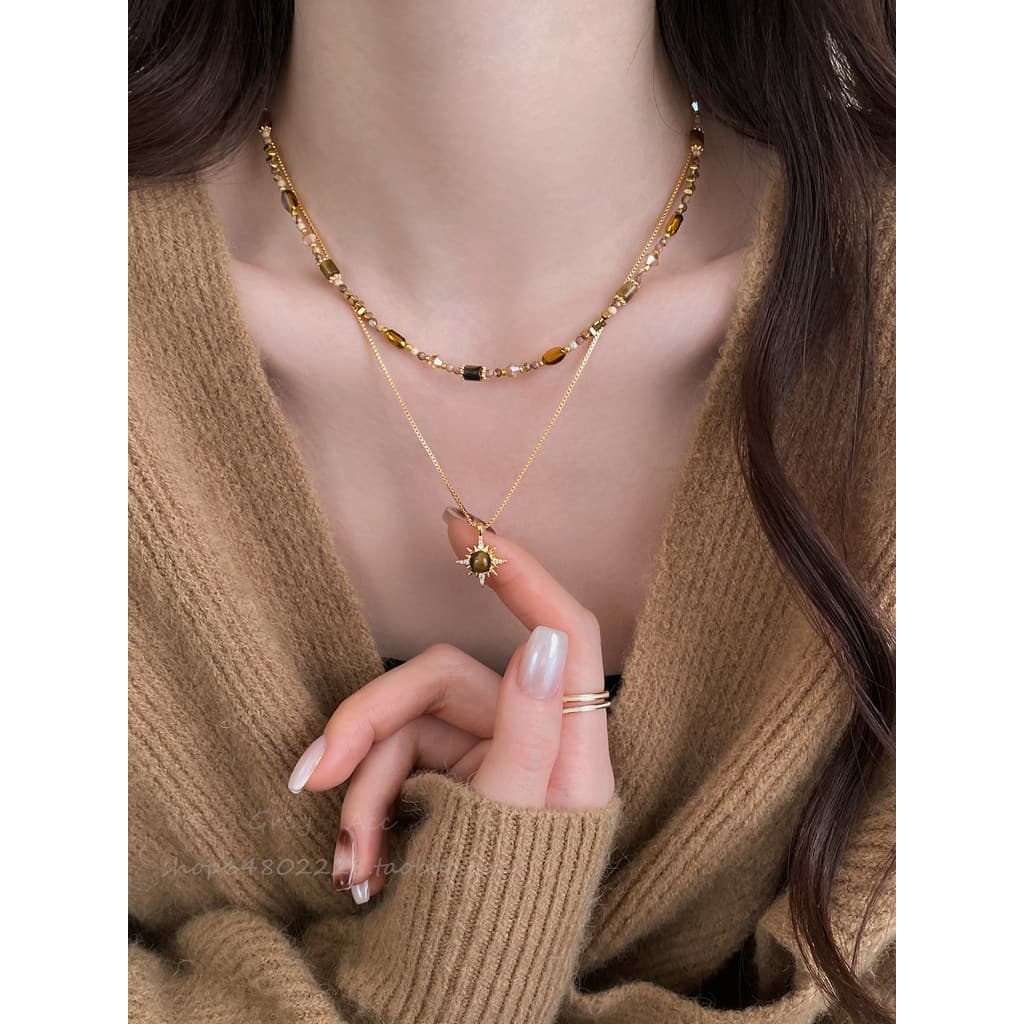 Merad tigre olho pedra girassol colar feminino Retro luz luxo High-End decorativo camisola corrente nicho clavícula corr