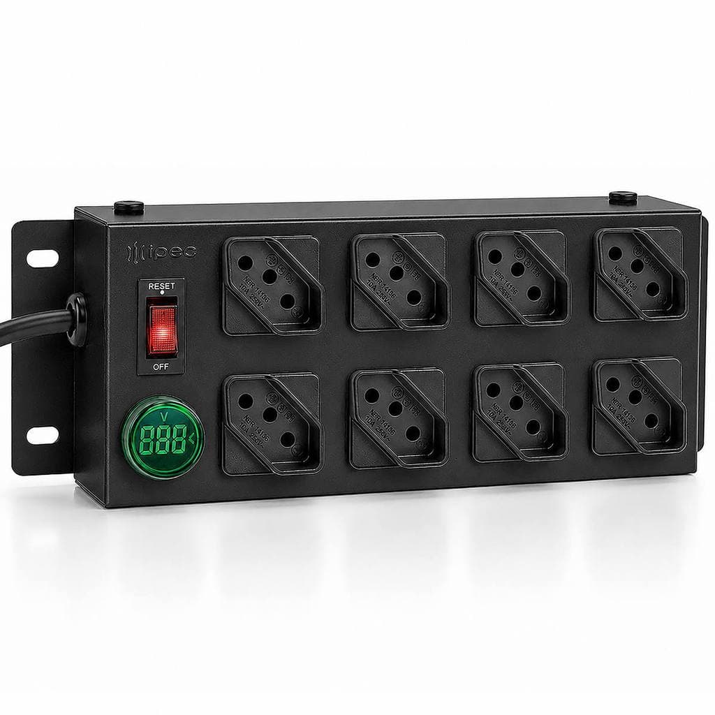 Filtro de Linha 8 Tomadas com Voltímetro Digital Metálico Preto Bivolt Liga/Desliga Cabo 1,1m IPEC