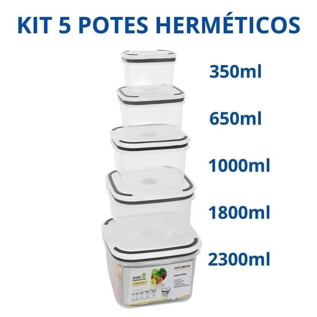 Kit 5 Potes Herméticos Plásticos para Mantimentos Alimentos Geladeira Micro-ondas
