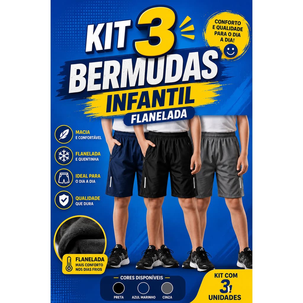 Kit 3 Bermudas Infantil Juvenil Flanelado Chimpa Escola Lazer e Dia a Dia Melhor Preço