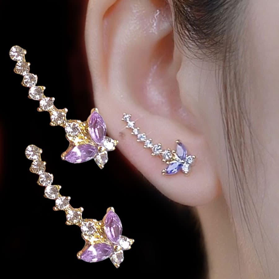 Brincos de Personalidade Exclusivos e de Alta Moda com Fila de Borboletas de Diamante Roxo, Novo Estilo XQDN