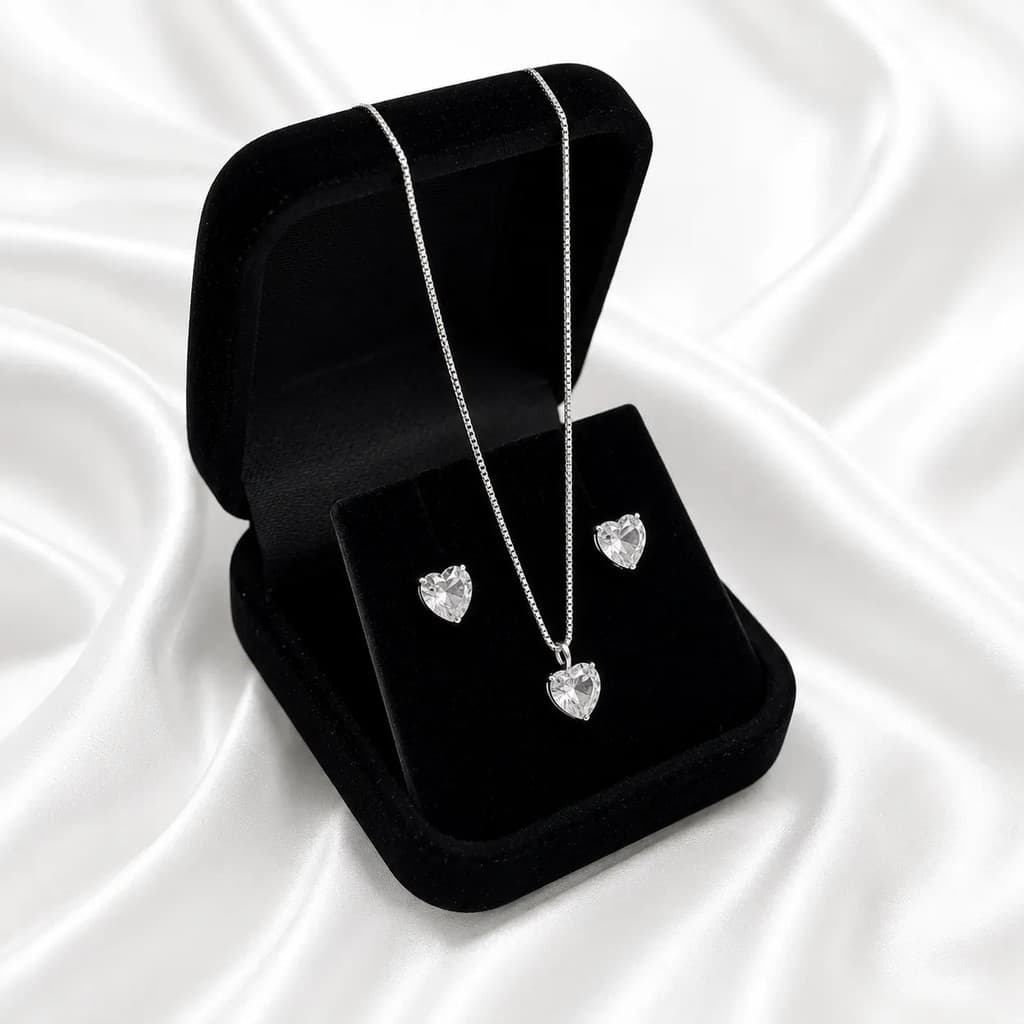 Kit Conjunto Colar E Brinco Coração Ponto De Luz Prata 925 Feminino Presente Namorada
