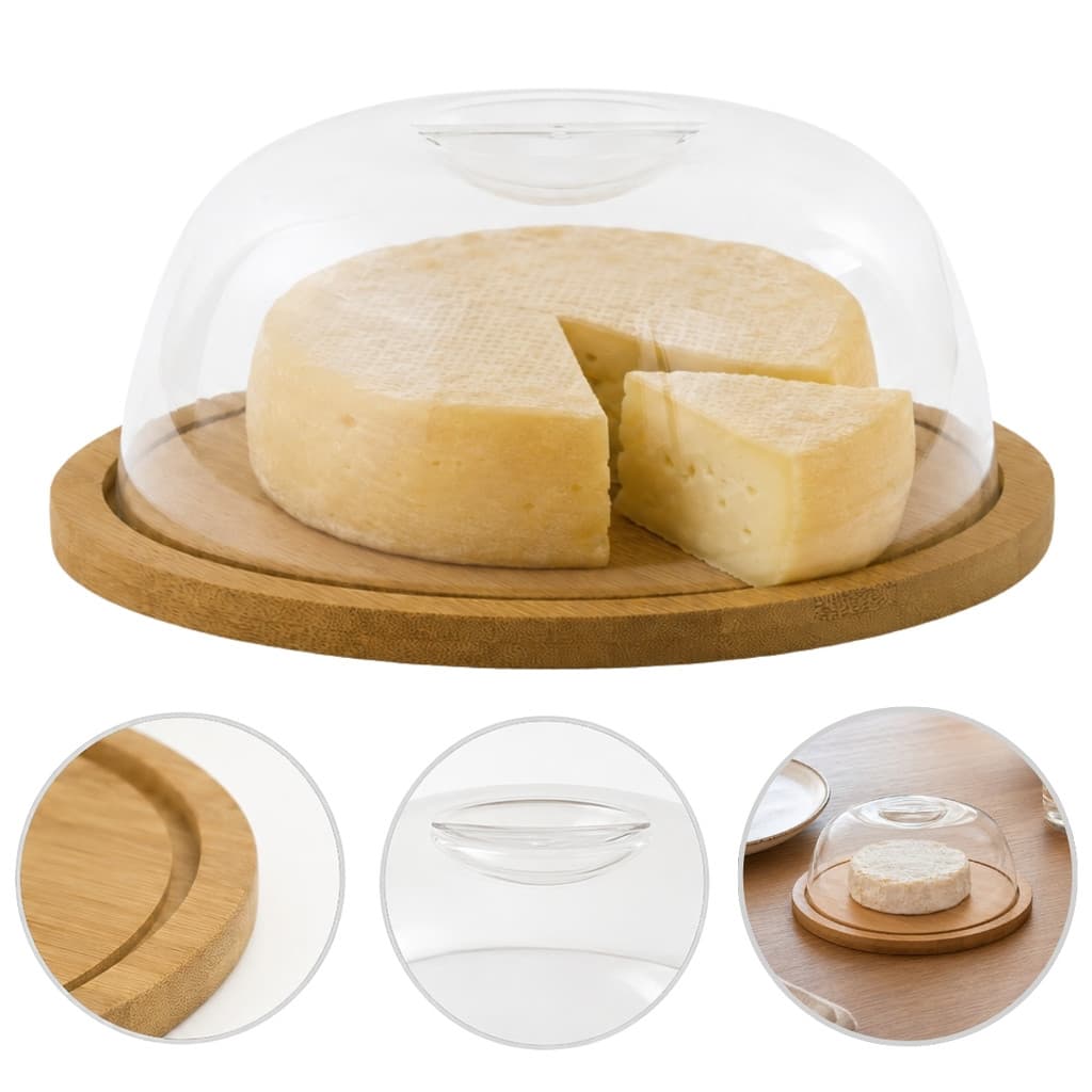 Queijeira Redonda De Bambu Com Cúpula Transparente E Alça Para Servir Queijos À Mesa Fácil