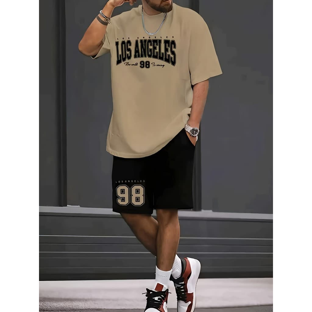 Conjunto Masculino 2 Peças Kit Bermuda Camiseta Manga Curta Gola Redonda Short Bolsos Casual Estampa Los Angeles Verão