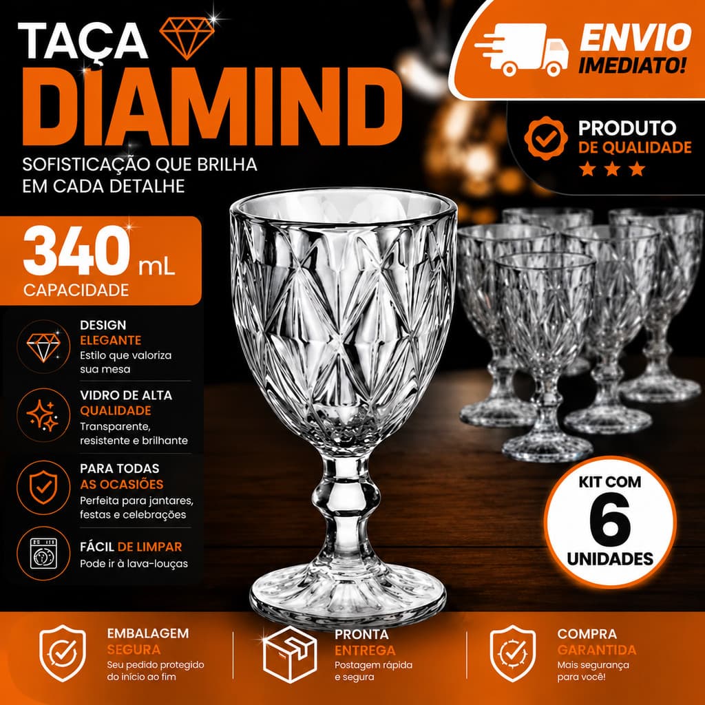 Jogo Taças Vidro Diamond Bico Jaca Abacaxi Conjunto Taça Para Água Vinho Tinto Suco Diamante