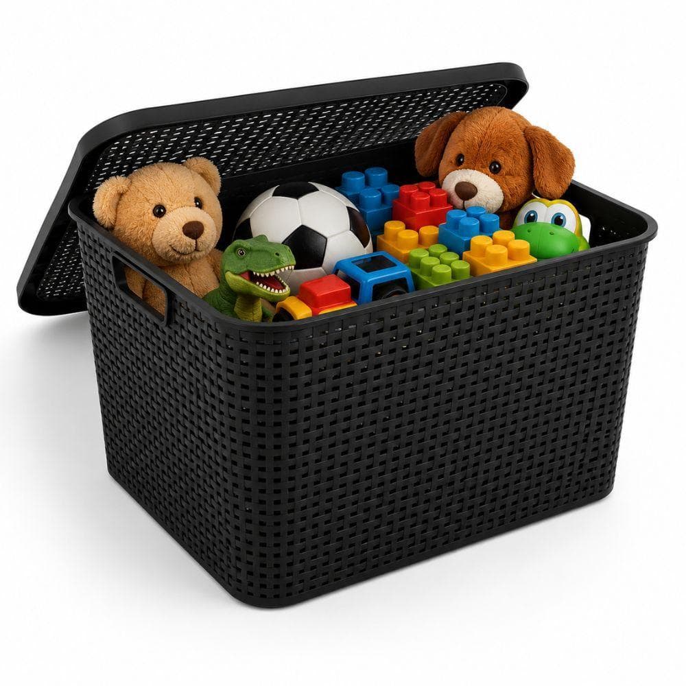Caixa Organizadora Rattan Grande Com Tampa 48cm Preta Cesto Empilhavel Multiuso Porta Brinquedos Roupas Decorativa