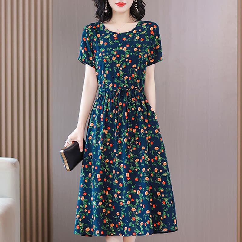 Vestido de seda de algodão de meia-idade vestido de verão cintura estreita tamanho grande mãe estampa comprimento médio