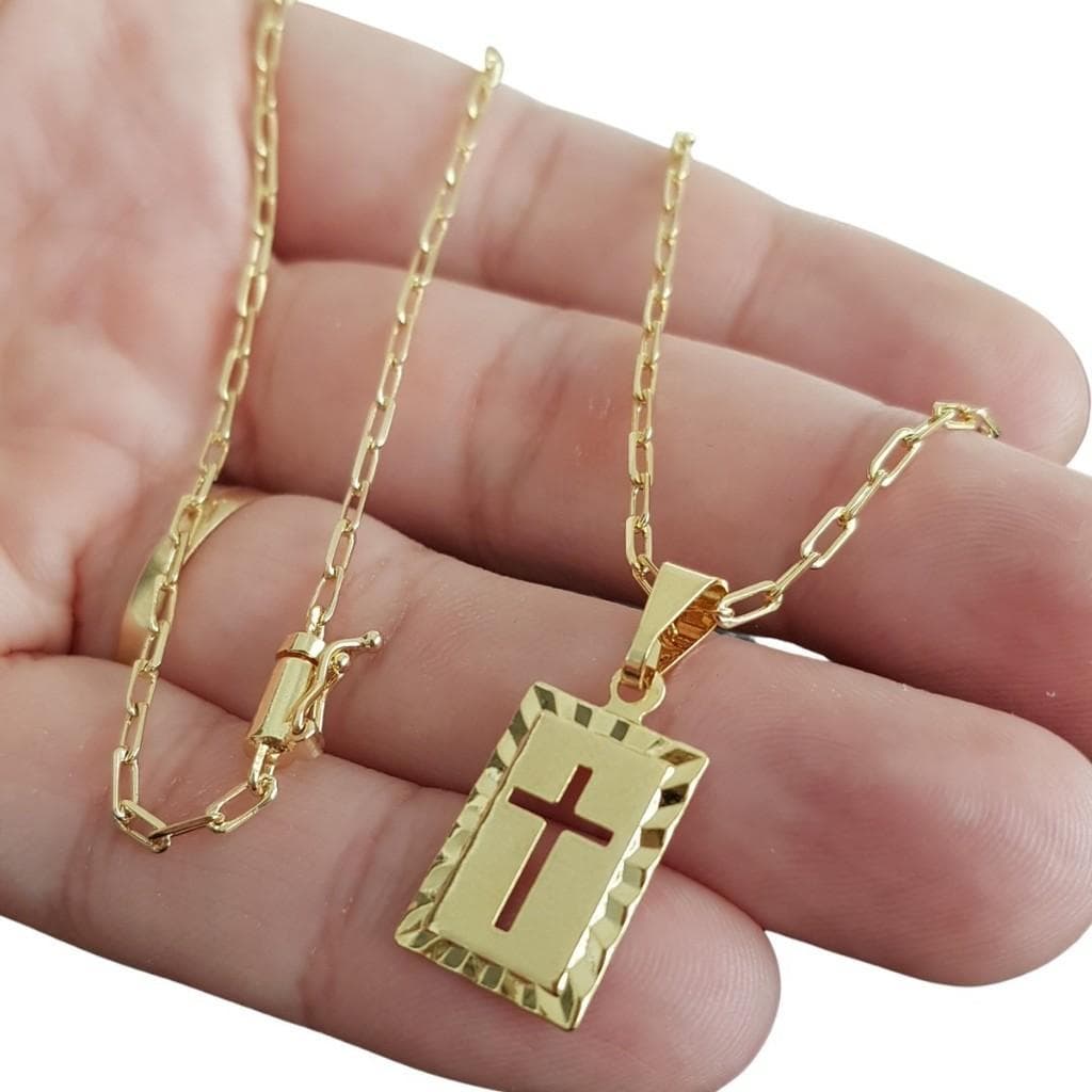 Corrente Cordão 70cm E Cruz Banhados A Ouro 18k 2mm