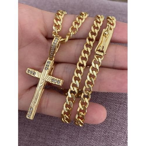 Corrente Grumet 5mm 70cm + Cruz Com Brilhantes Banhados A Ouro Dourado