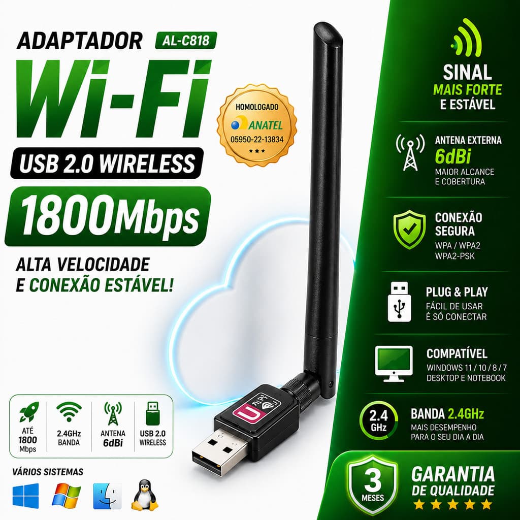 KIT4 Adaptador Wi-Fi 574Mbps USB AL-C818 Receptor Transmissor Antena 19cm 2.4G Plug & Play | PC Notebook