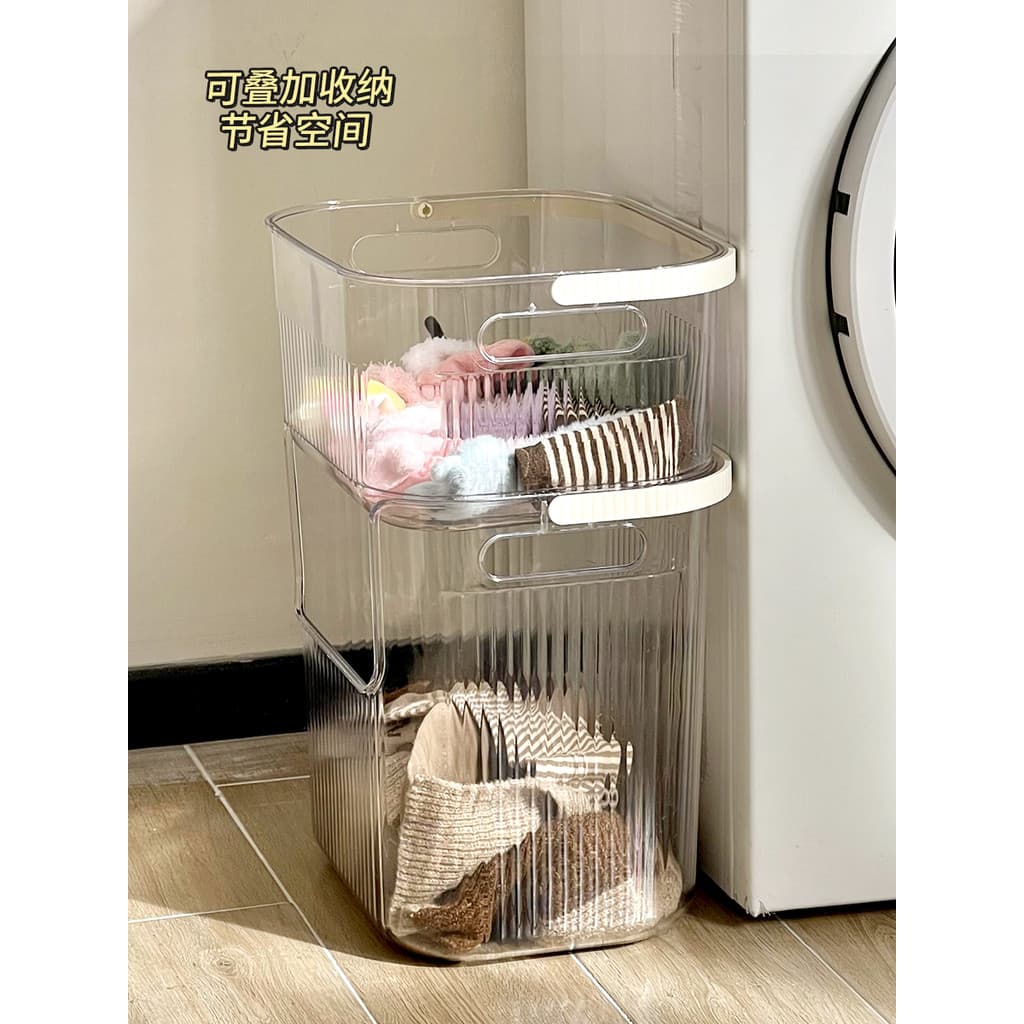 Cesto de roupas sujas transparente transparente para banheiro Cesto de roupas sujas de camada dupla Cesto de armazenamen