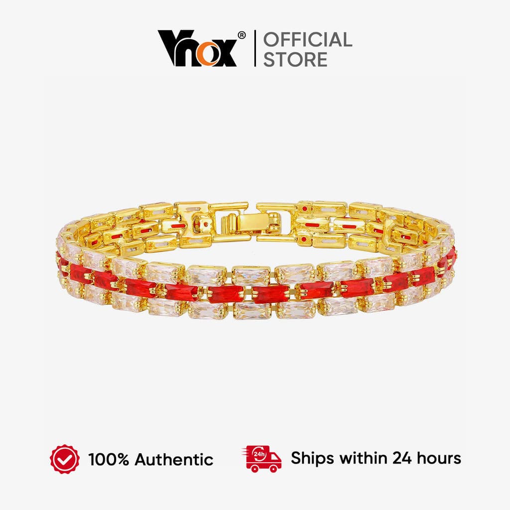 Pulseira de Ouro com Zircônia Branca e Vermelha Vnox, Design Inspirado, Joia de Aço Inoxidável, com Duas Pedras Preciosa