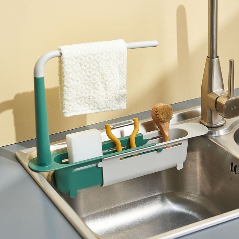 Rack de armazenamento retrátil para pia de cozinha, rack de drenagem, esponja e rack de armazenamento de pano